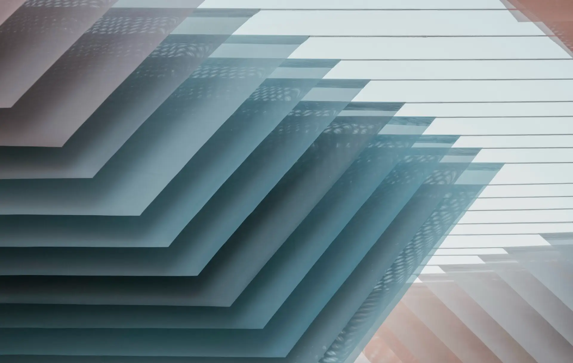 Abstract layered architecture in blue and copper tones